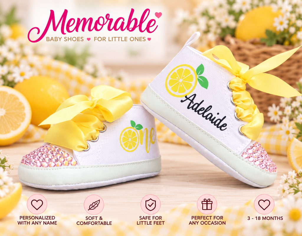Personalized Baby Girl First Birthday Shoes – One Sweet Lemon Lemonade Cake Smash Shoes
