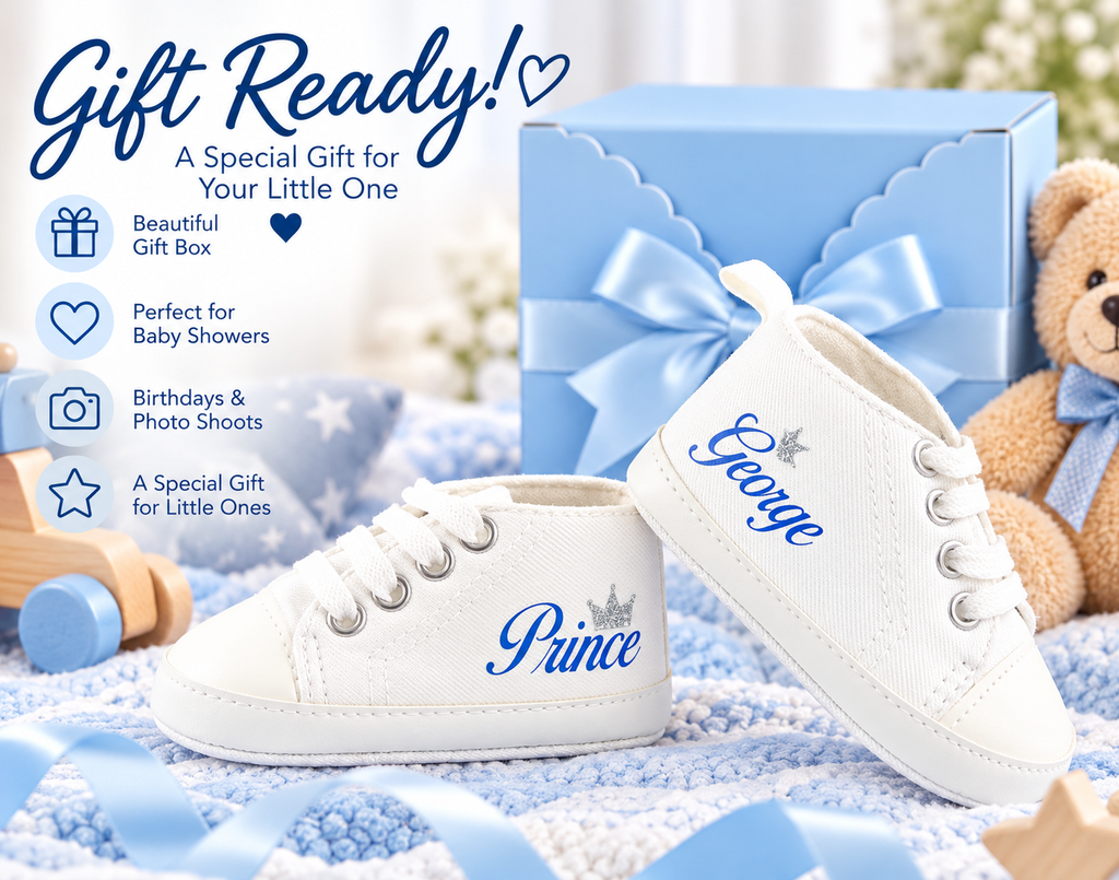 Personalized Prince Baby Boy Shoes – Silver Crown Soft Sole Crib Sneakers & Baby Gift