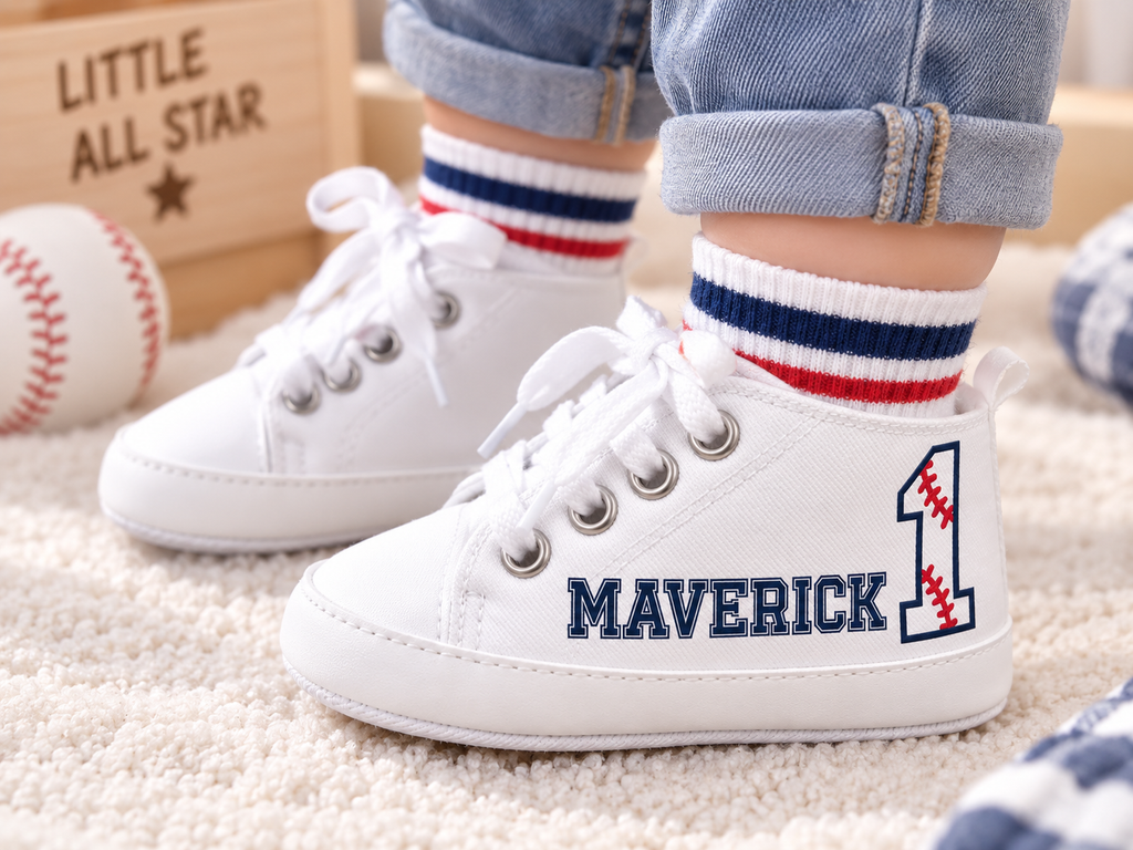 Personalized Rookie of the Year Baby Boy Shoes – Baseball First Birthday & Cake Smash Sneakers