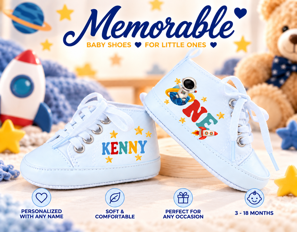 Personalized First Trip Around the Sun Baby Boy Shoes – Rocket Astronaut First Birthday & Cake Smash Sneakers