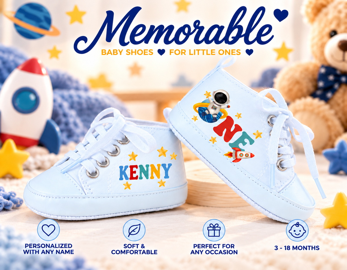 Personalized First Trip Around the Sun Baby Boy Shoes – Rocket Astronaut First Birthday & Cake Smash Sneakers