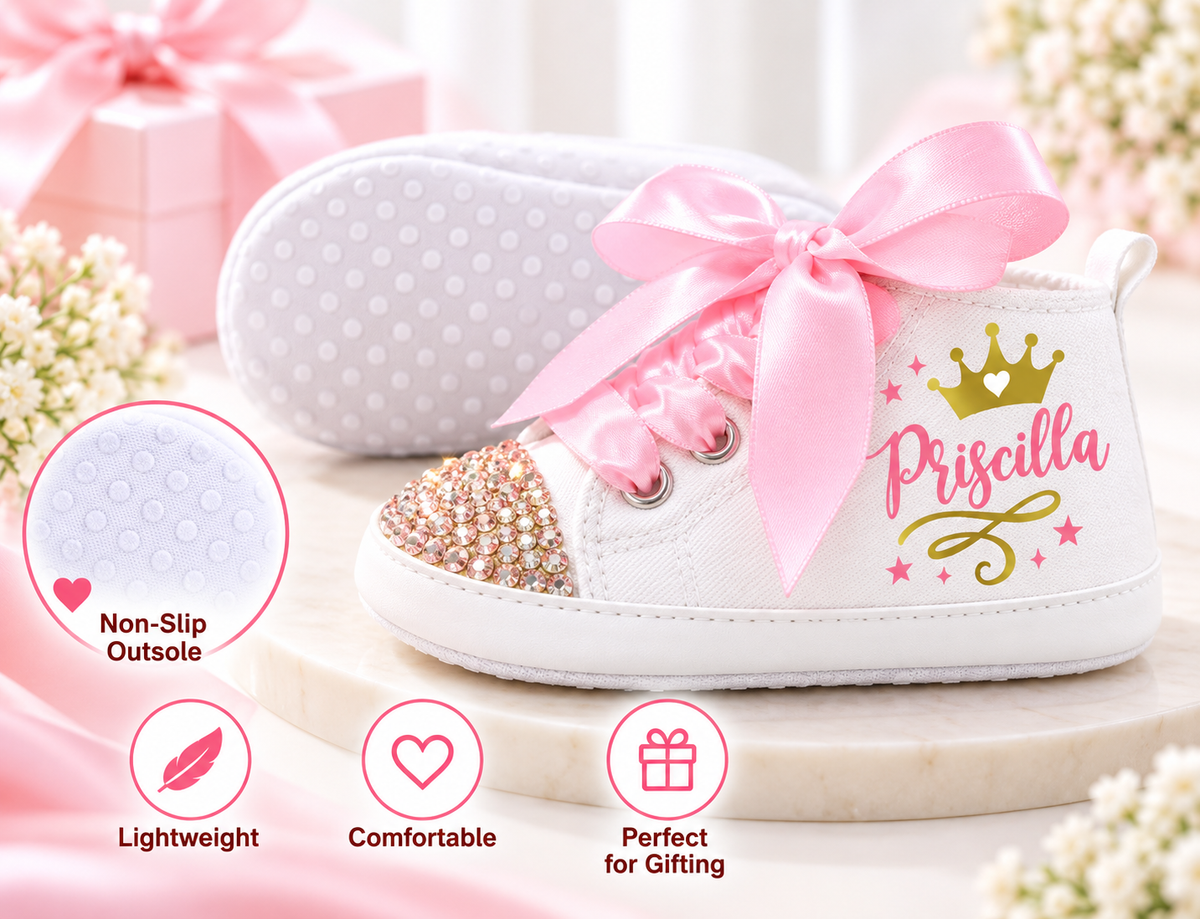 Personalized Princess First Birthday Baby Shoes – Gold Crown Birthday Sneakers for Girls