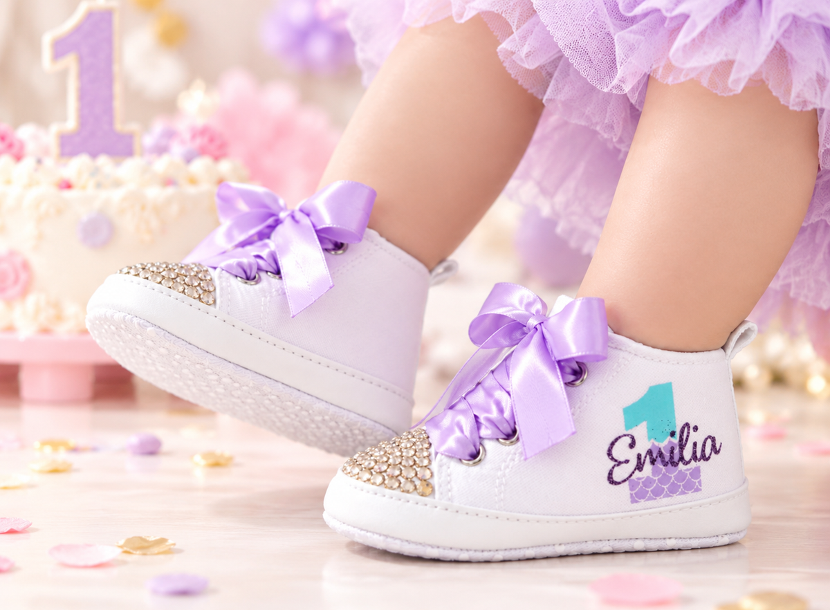 Personalized Mermaid First Birthday Shoes – Under the Sea Baby Girl Cake Smash Shoes