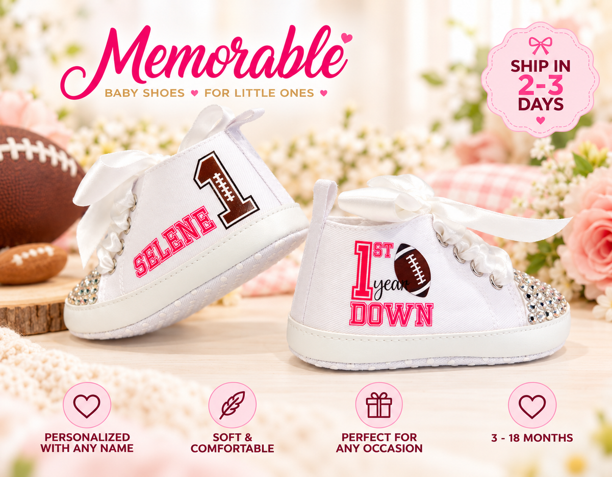 Personalized First Year Down Baby Girl Shoes – Football First Birthday & Cake Smash Sneakers