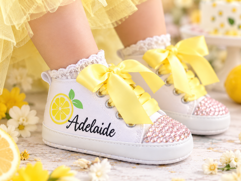 Personalized Baby Girl First Birthday Shoes – One Sweet Lemon Lemonade Cake Smash Shoes