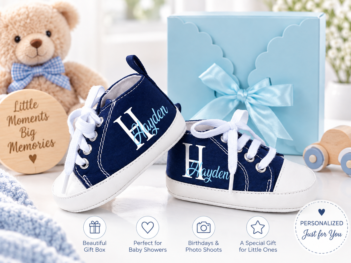 Personalized Baby Boy Shoes – Blue Monogram Soft Sole Crib Sneakers & Baby Gift