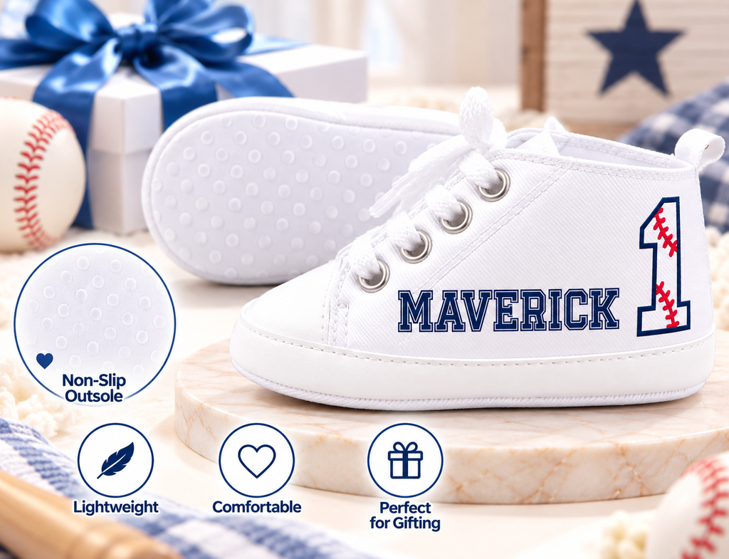 Personalized Rookie of the Year Baby Boy Shoes – Baseball First Birthday & Cake Smash Sneakers