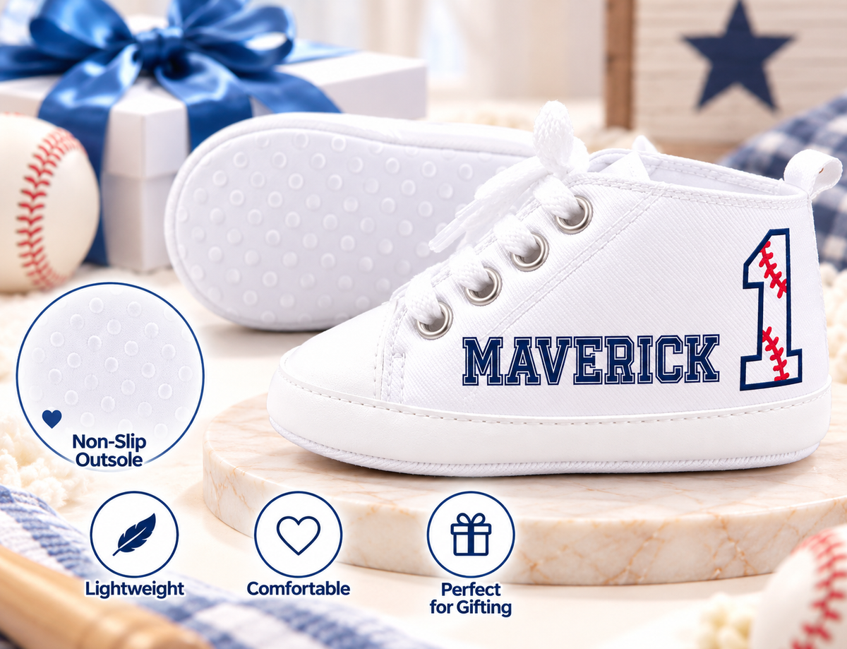 Personalized Rookie of the Year Baby Boy Shoes – Baseball First Birthday & Cake Smash Sneakers