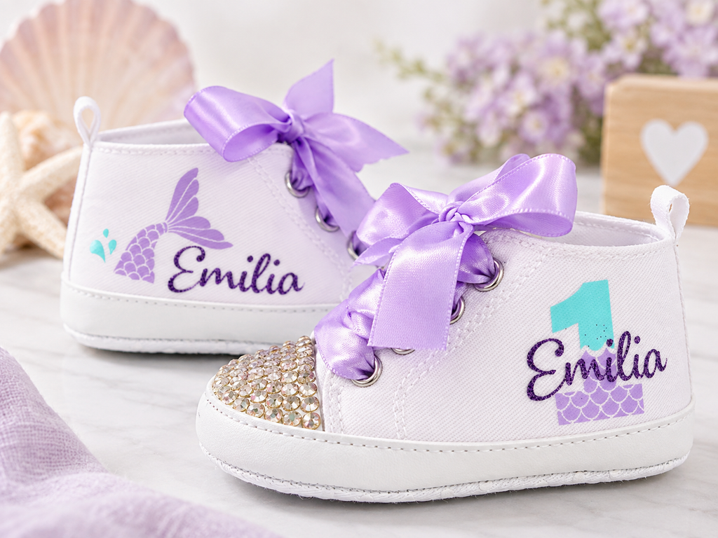 Personalized Mermaid First Birthday Shoes – Under the Sea Baby Girl Cake Smash Shoes