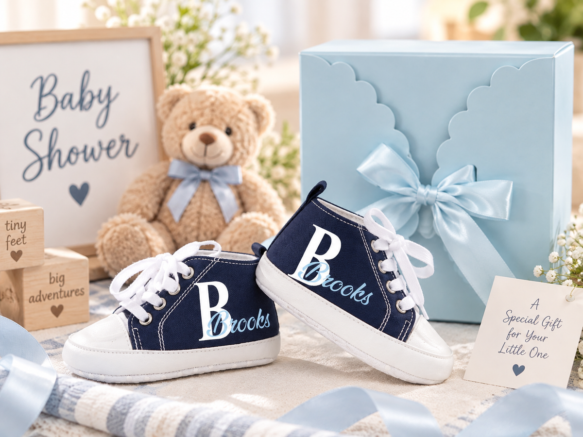 Personalized Baby Boy Shoes – Blue Monogram Soft Sole Crib Sneakers & Baby Gift