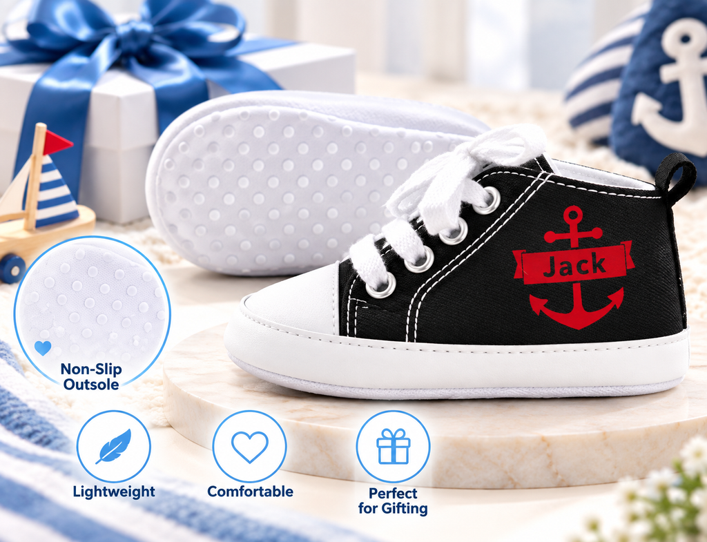 Personalized Nautical Baby Boy Shoes – Black Anchor Crib Sneakers & Baby Gift