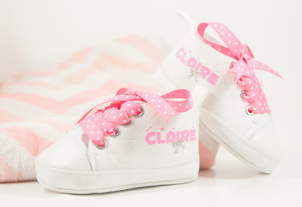 Personalized White-and-Pink High Top Baby Girl Shoes with Elegant Silver Bow 🎀