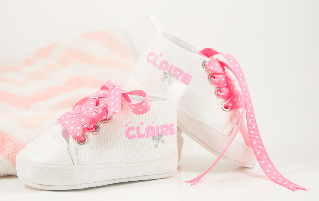 Personalized White-and-Pink High Top Baby Girl Shoes with Elegant Silver Bow 🎀