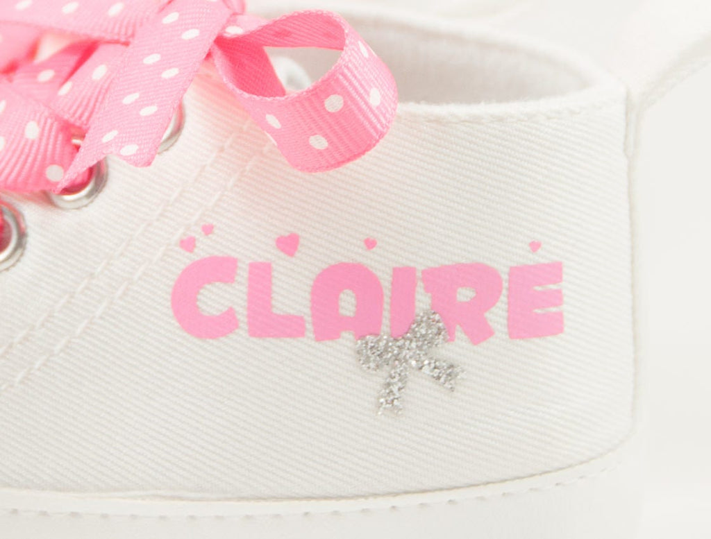 Personalized White-and-Pink High Top Baby Girl Shoes with Elegant Silver Bow 🎀