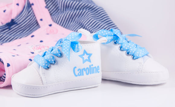 Star-Themed Baby Girl Shoes – Rockstar Style Infant Sneakers with Blue Polka Dot Laces