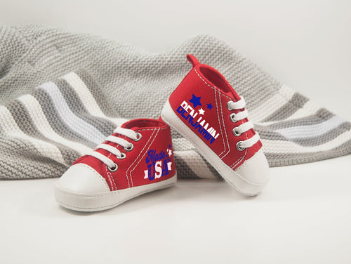4th of July Baby Shoes – Personalized Red, White, and Blue Sneakers with Star Details