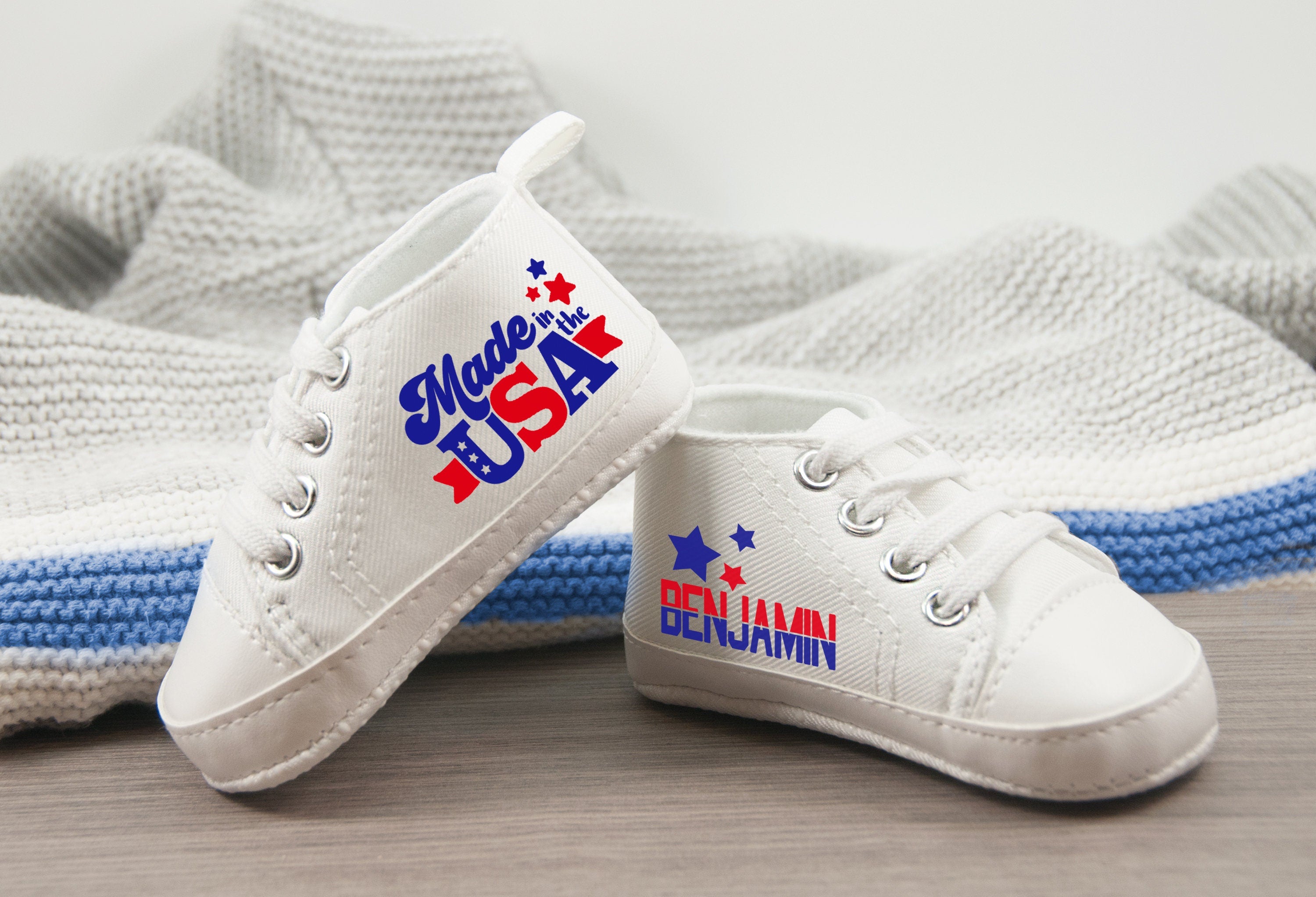 4th of July Baby Shoes – Personalized Red, White, and Blue Sneakers with Star Details