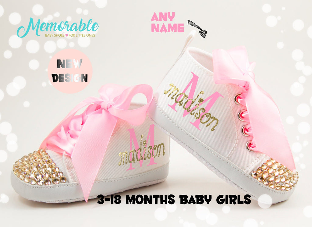 Personalized Pink Gold Monogram Baby Girl Shoes – First Birthday Cake Smash Shoes & Newborn Baby Shower Gift