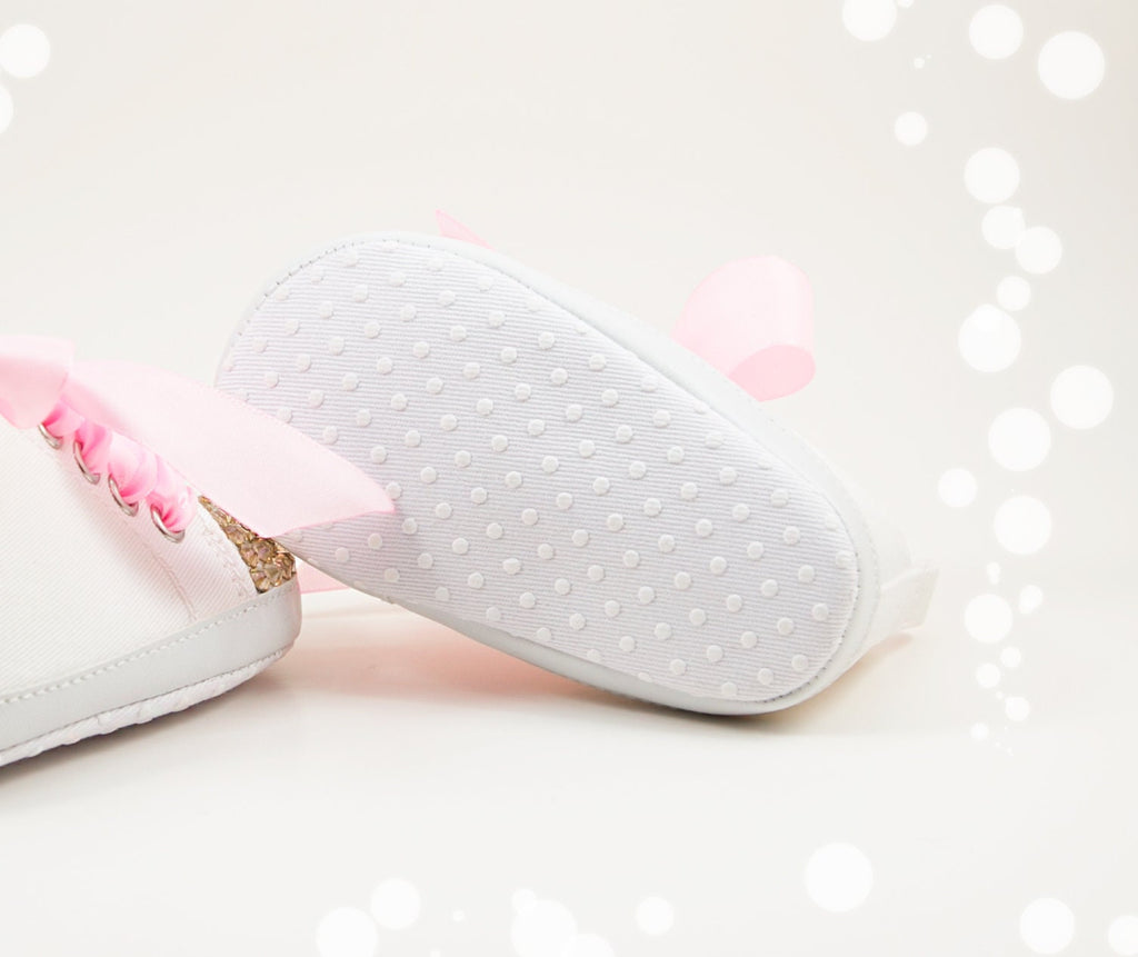 Personalized Pink Gold Monogram Baby Girl Shoes – First Birthday Cake Smash Shoes & Newborn Baby Shower Gift