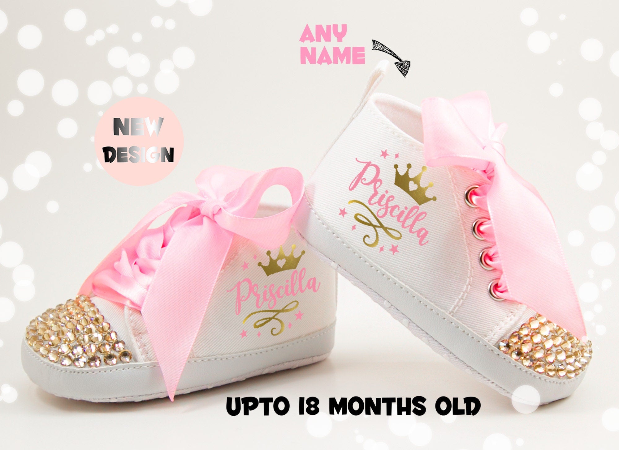 Personalized Pink and Gold Princess Crown Baby Girl Shoes – Elegant Tiara Design perfect for baby showers, photo shoots, and 1st birthday